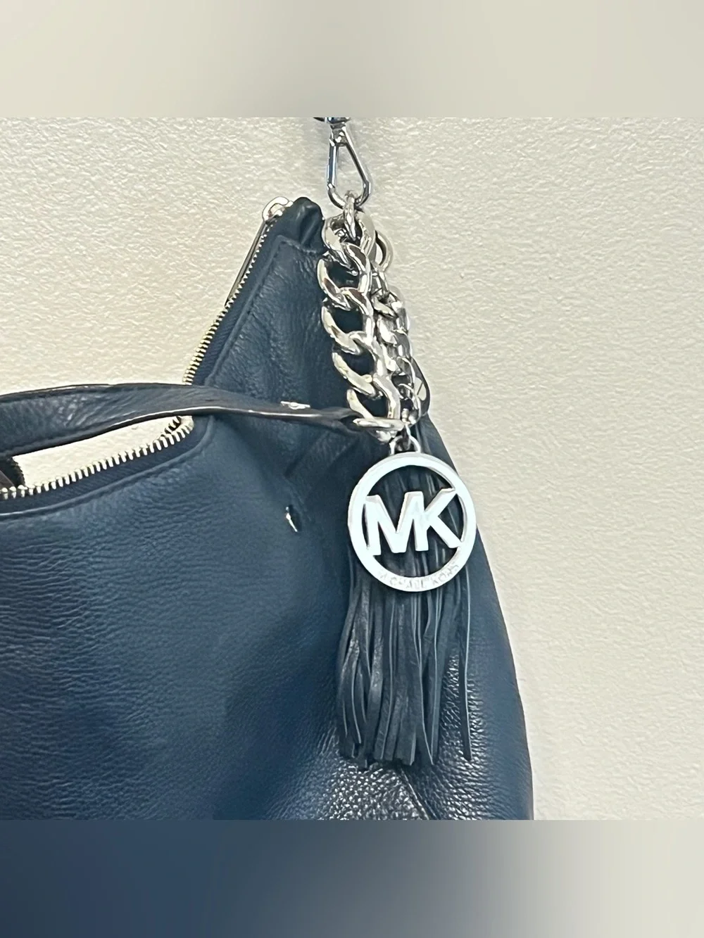 Michael Kors Blue Leather Shoulder Hobo with MK Charm Chain Detail